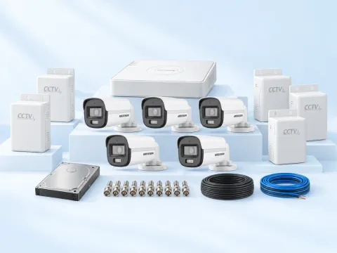 5 Hikvision ColorVu cameras, 8-channel DVR, HDD, 5 power supplies, 10 BNC connectors, 1 coax coil and TT cable